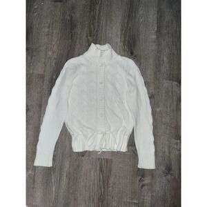 Style & Co. White Cardigan M Cable Knit Button Up Drawstring 82% Cotton Preppy